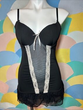 Native Intimates Black Lace Trim Bustier Slip with Ivory Accents sz 36C/L